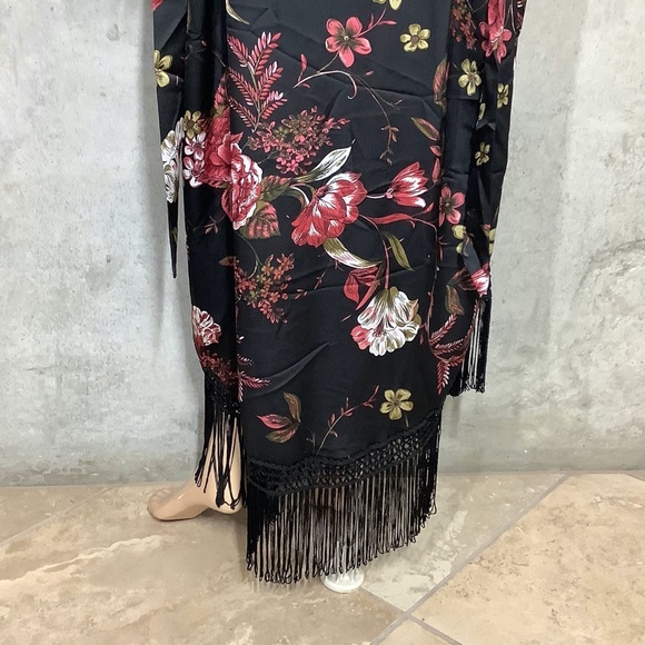 🌸KIMONO ROBE LONG MAXI FLOWER BOHO FRINGE SILK - Picture 4 of 12